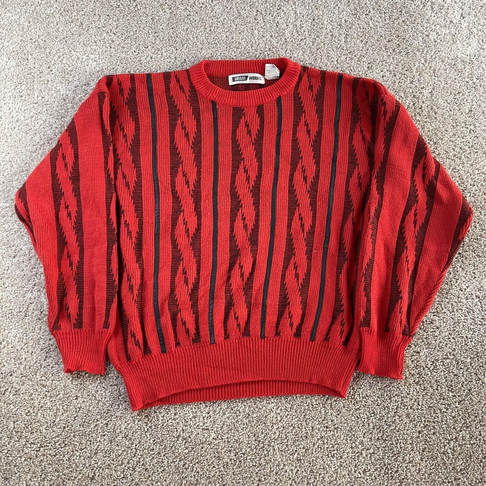 Vintage Urban Works Sweater Men Large Red Striped Knit Crewneck Pullover Leather